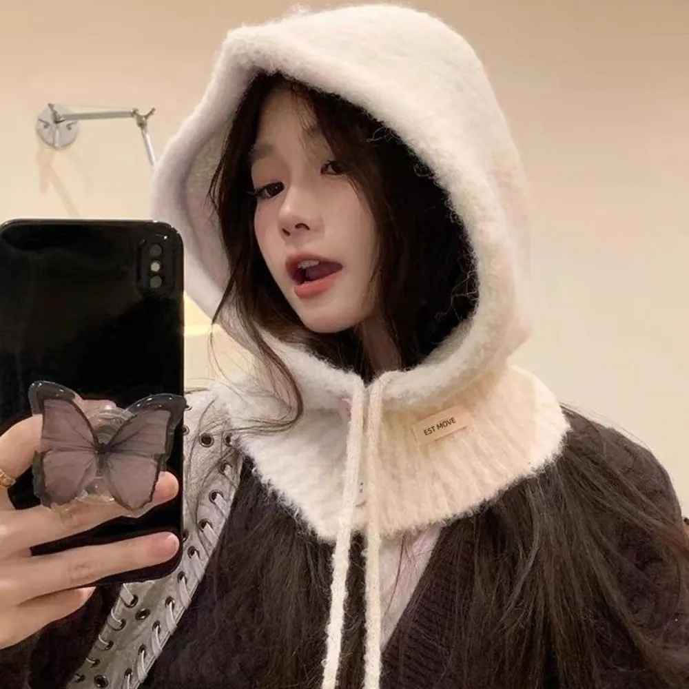 Korean Style Thicken Knitted Balaclava Warm Drawstring Hooded Scarf Cap Soft Windproof Coldproof Neckerchief Hat Women Girl
