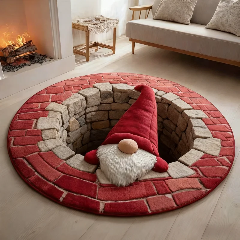 Christmas Gnome Rug 3D Illusion Design,Circular Hearth Mat for Fireplace Decor,Festive Non-Slip Home Carpet Gift 80cm Diameter