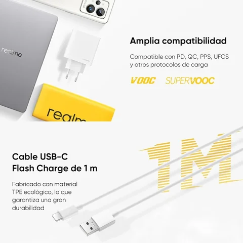 Зарядное устройство Realme 80W SUPERVOOC, два порта GaN, быстрый адаптер с кабелем Type-C, совместимо с iPhone 17-13, iPad, OPPO/OnePlus