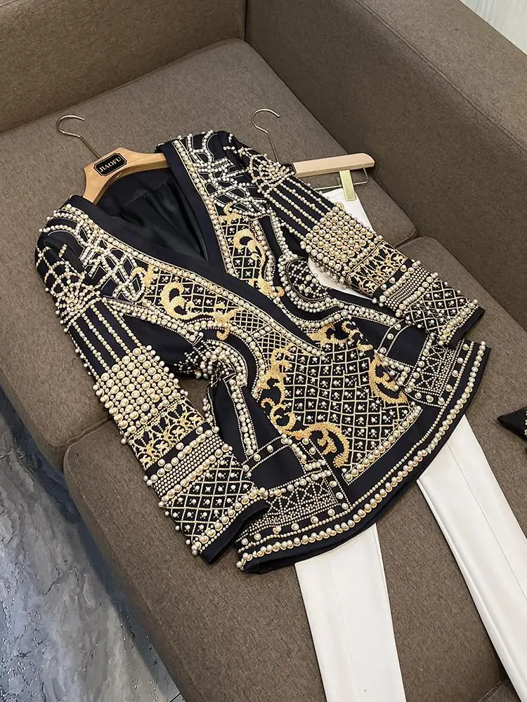 

Женский длинный костюм средней длины с принтом пузырьков и бусинами в стиле ретро, осенне-зимний модный костюм для поездок на работу