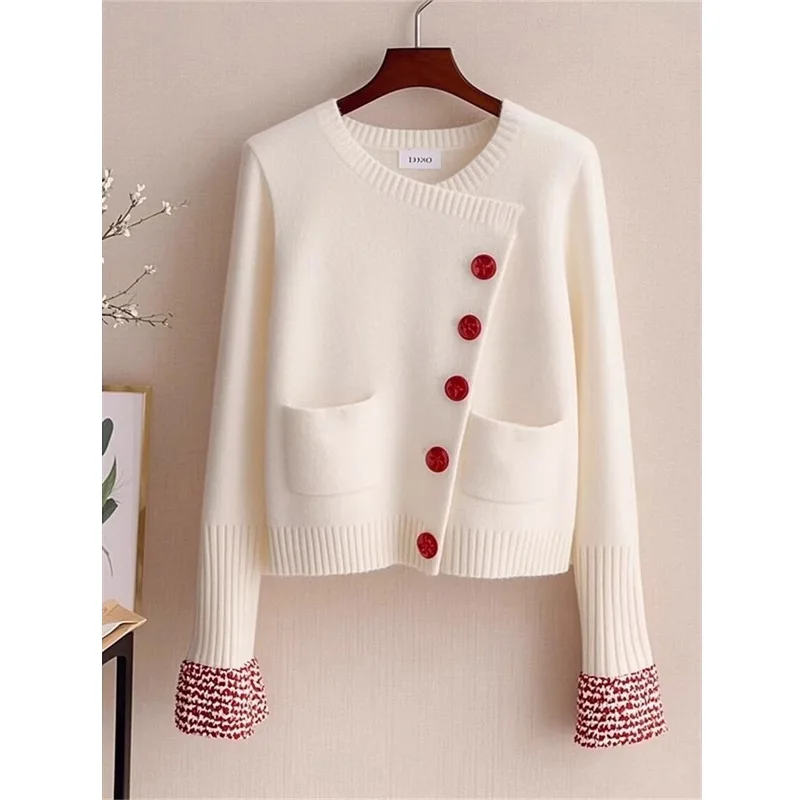 

White spliced sweater women's spring and autumn knitted cardigan super beautiful to wear and match top