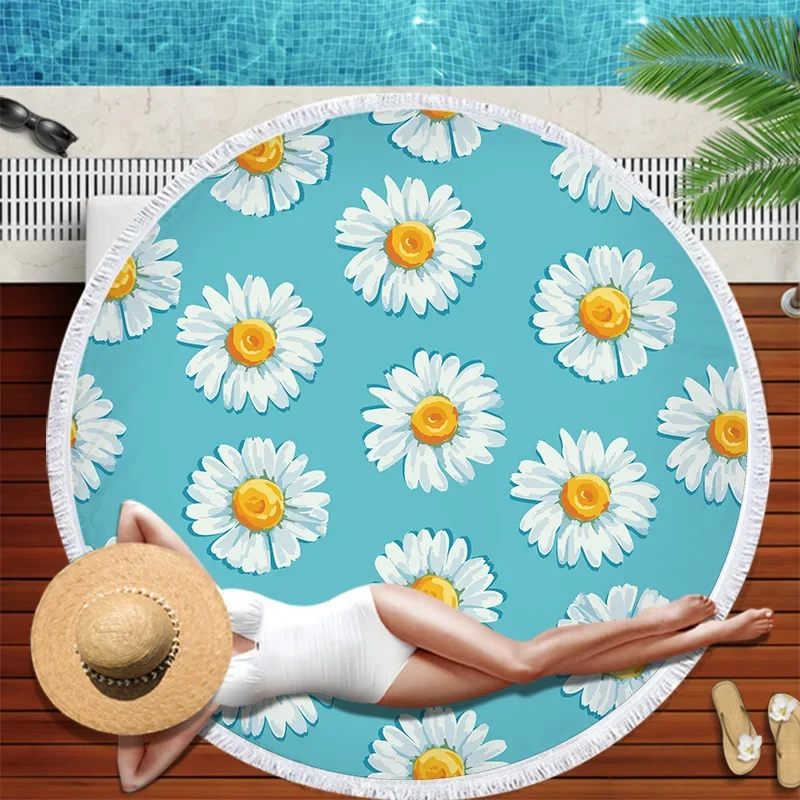 Daisy Beach Towel Tassels Round Quick Dry Outdoor Summer Sea Blanket Sunflower Plant Kawaii Beach Carpet Yoga Picnic Mat