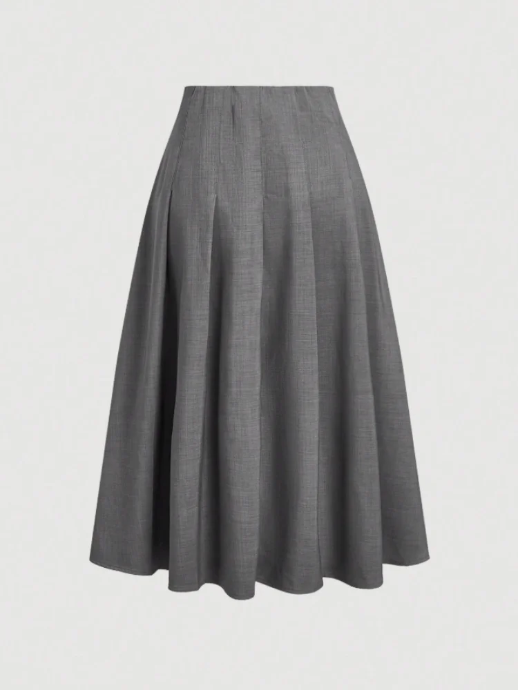 Women's Plus Size High Waisted A-line Pleated Skirt, Grey Woven Suit Skirt, Elegant and Simple Commuting Party Skirt view 5
