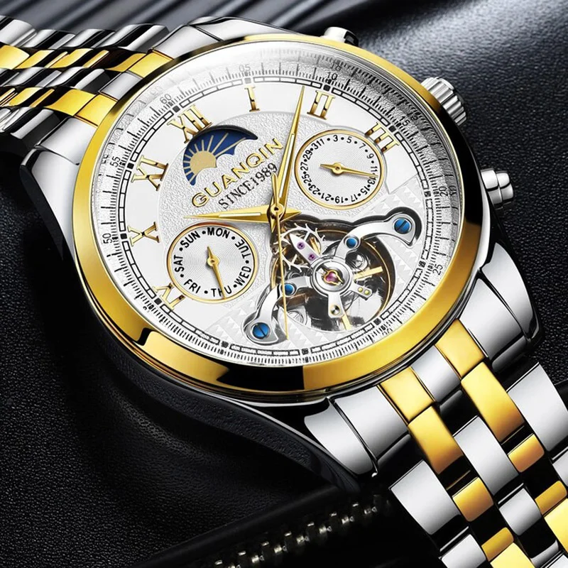 

GUANQIN Men Watch Luxury Automatic Mechanical Movement Tourbillon Moonphase Date Week Business Leisure 30M Waterproof Watches