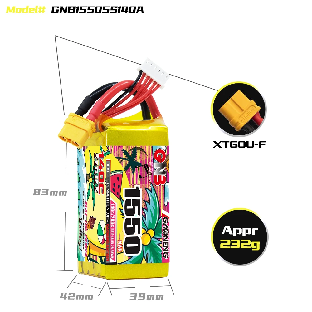 Batería de litio GAONENG GNB 5S 18.5V 1550mAh 140C con conector XT60, adecuada para drones FPV y cuadricópteros.