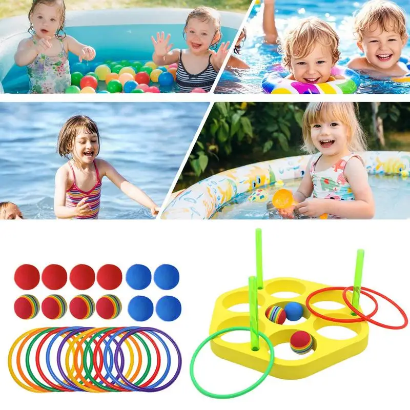 Juegos de lanzamiento de anillo de piscina, juego de piscina triangular de espuma flotante, deportes acuáticos flotantes de espuma con bolas, habilidades motoras, natación