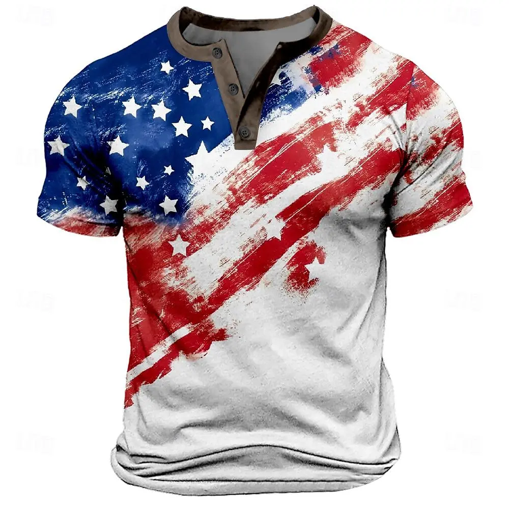 USA American Flag 3D Printed Henley Shirts Men's Fashion Streetwear Oversized Button Short Sleeve T Shirt Tees Tops Man Clothing