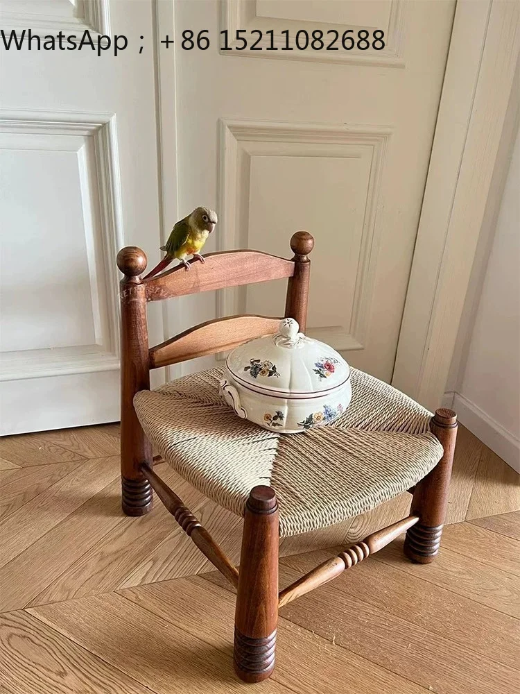 SCY vintage solid wood single rattan chair, used used rattan weaving small chair, home shoe bench