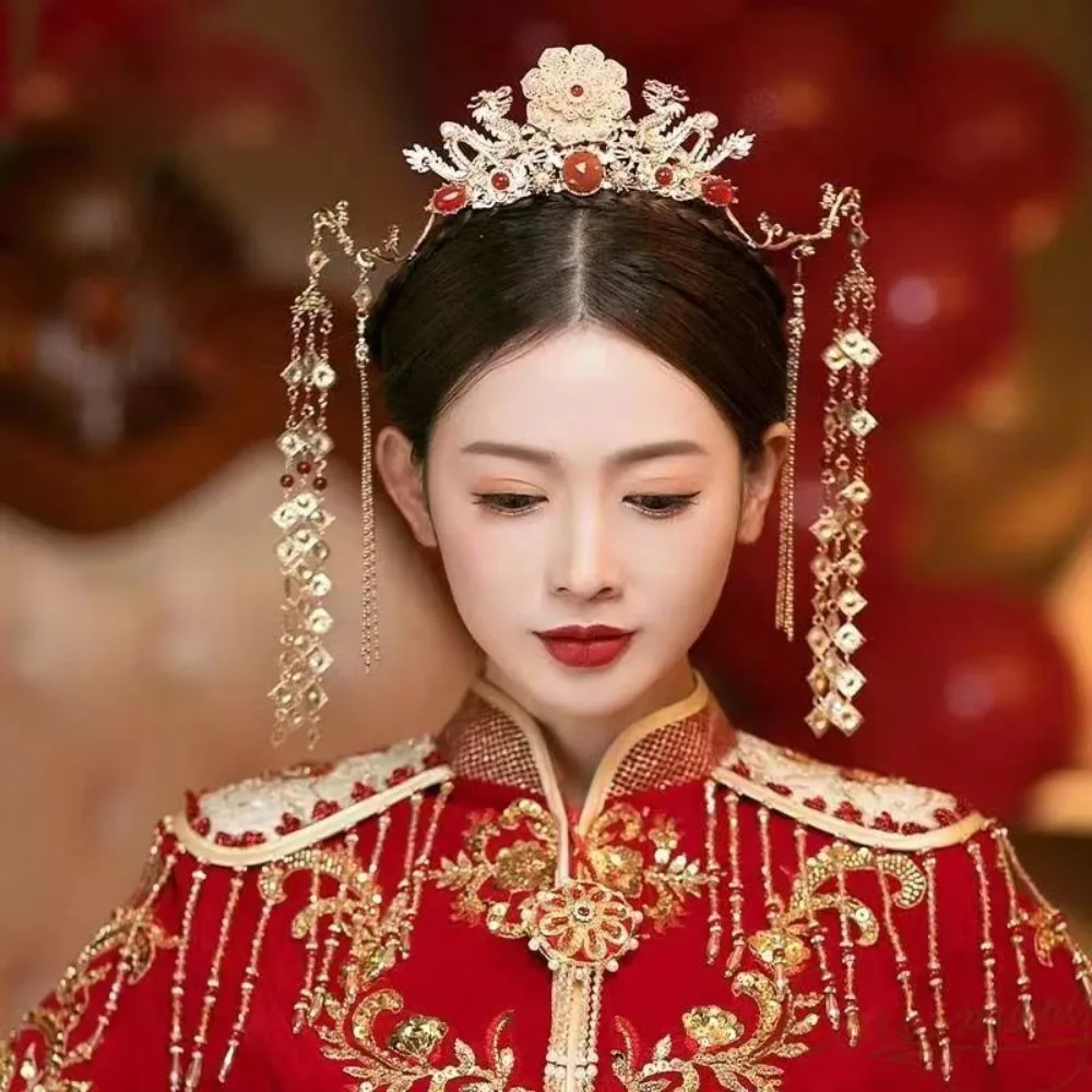 Golden Bridal Hair Accessories New Chinese Style Ancient Royal Bride Coronet Fairy Rhinestone Hanfu Hair Crown Photography Prop