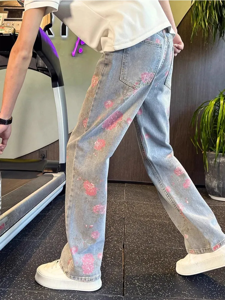 American Retro Print Jeans Men's Spring Autumn New Loose Straight Casual Long Pants Comfortable Wear Resistant Daily Use
