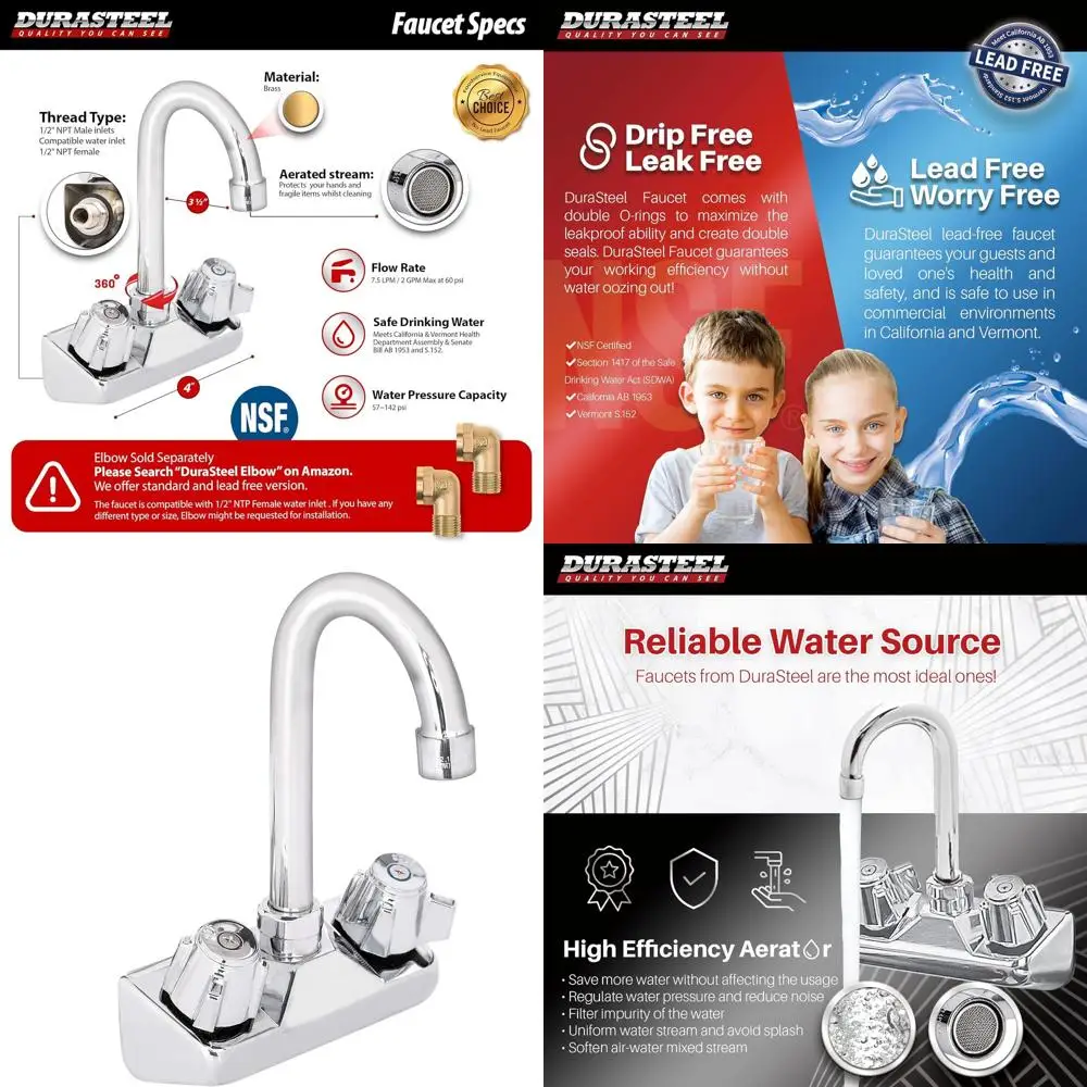 

NSF-Certified 4 Center Wall-Mounted Gooseneck Hand Sink Faucet with Dual Brass Handles - Chrome Finish