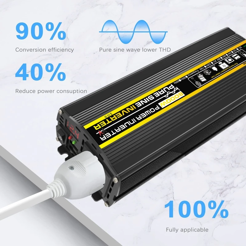 10000W czysta fala sinusoidalna przetwornica napięcia transformator napięcia inteligentny wyświetlacz cyfrowy DC12/24V do 220V konwerter samochód