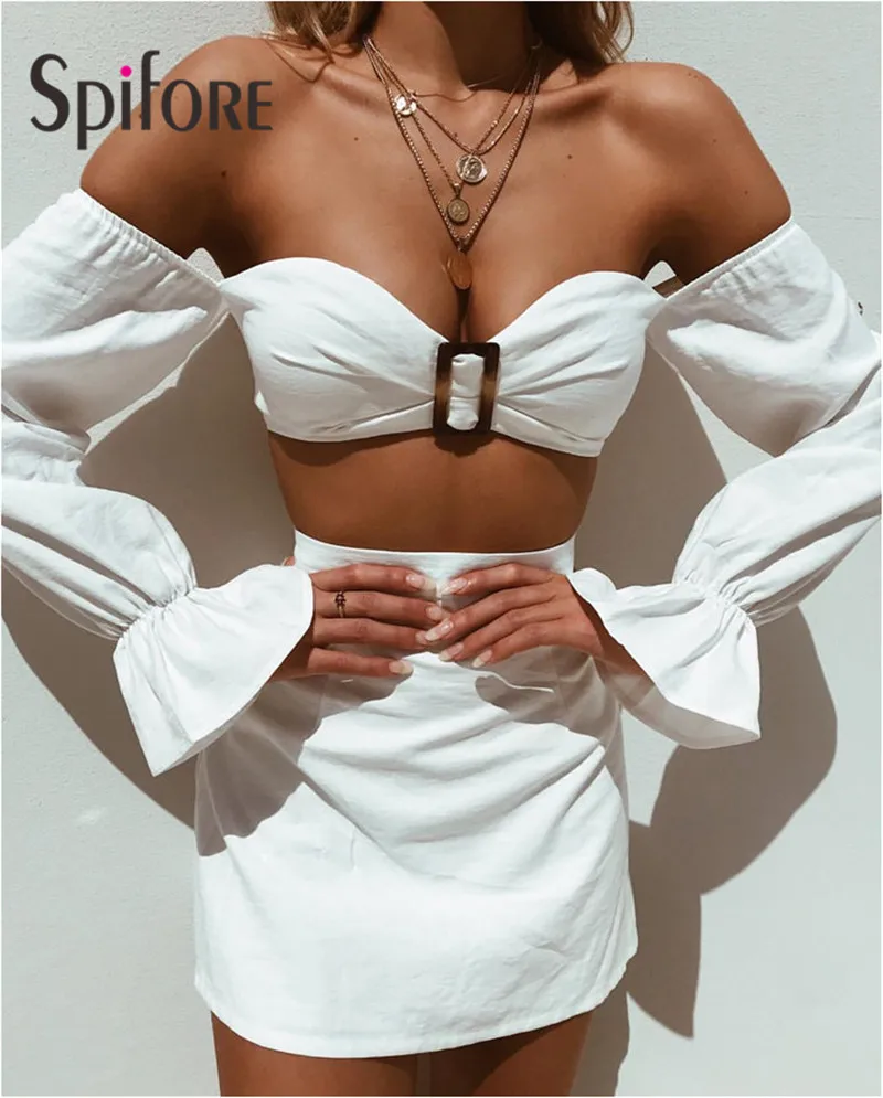 

Spifore Sexy Women Two Piece Set Off Shoulder Long Sleeve Crop Top Mini Skirts Beach Wear Holiday Clothing For Party Club
