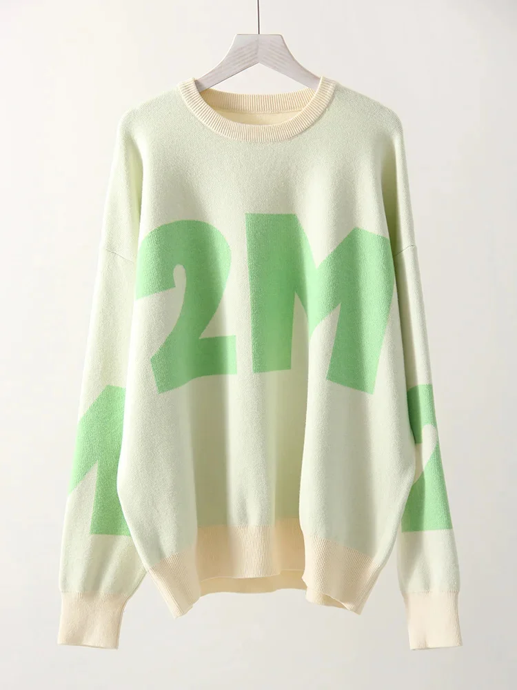 Marineblauwe Oversized Letter Trui Vrouwen Crewneck Casual Gebreide Losse Truien Met Letter Groene Trui Voor Dames Winter 2024