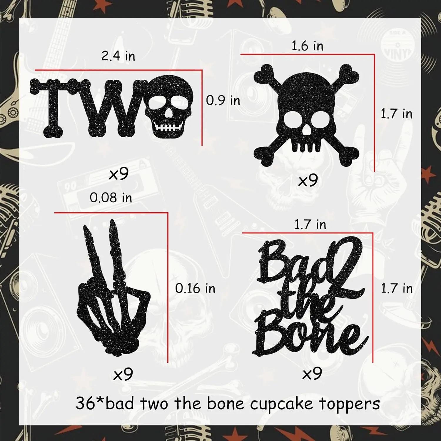 36Pcs Bad Two The Bone Cake Toppers Rock Themed 2nd Birthday Decor Skull Second Birthday Party Supplies for Boy Girl