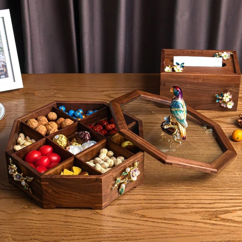 Chinese style, living room solid wood nut plate, with lid, household candy, fruit, coffee table compartment storage box
