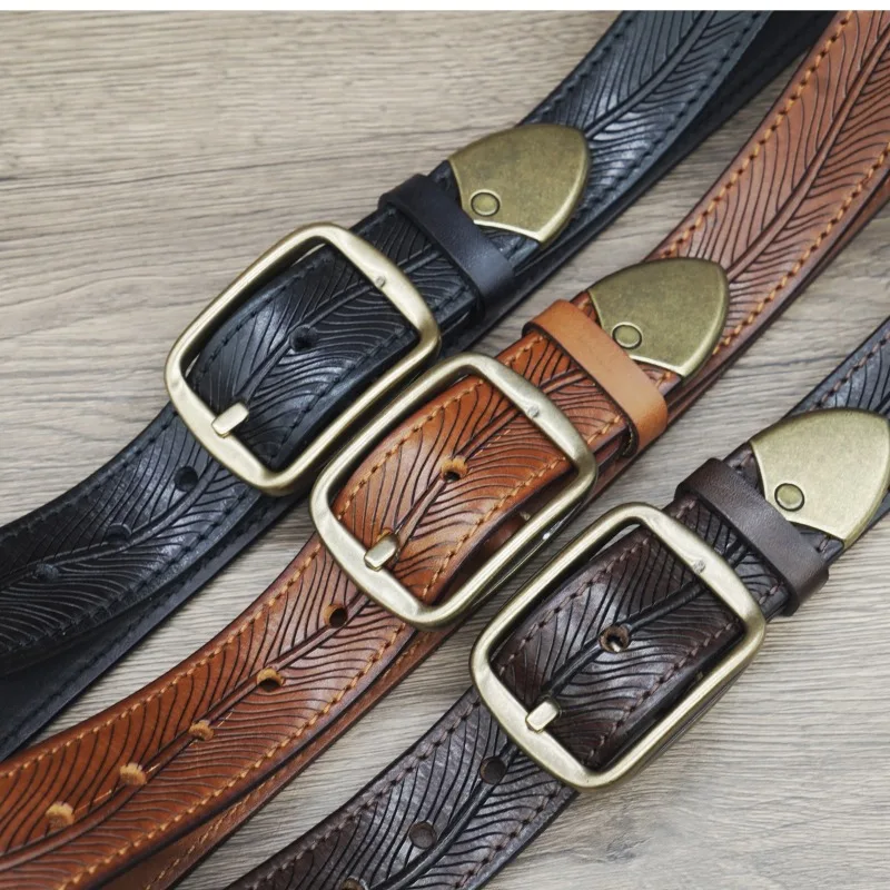 Thickened double-sided cowhide men's belt copper buckle genuine leather jeans belt men's high quality retro luxury designer