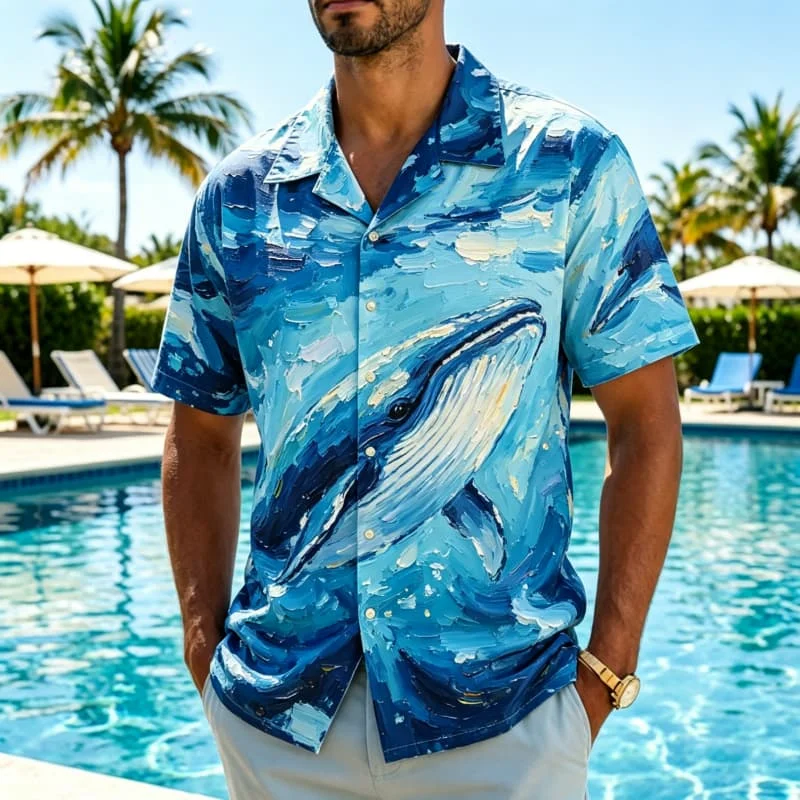 

Men's Oil Painting Style Animal Print Short Sleeved shirt, Suitable For Beach vacations, Pool parties, And Summer Daily Routines