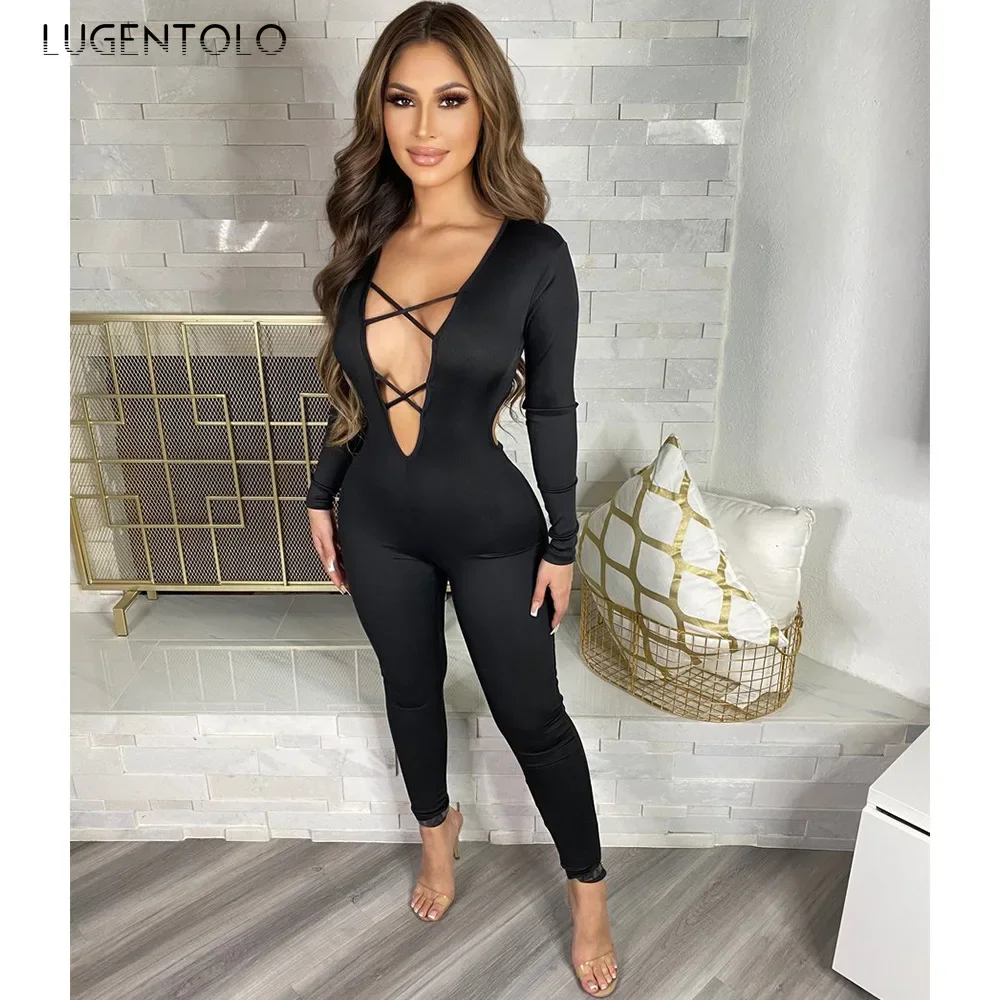 

Women Fashion Jumpsuits Sexy Long Sleeve Open Cut-out Bandage Bodice Backless Small Leg Trousers Nightclub Chic Outfits