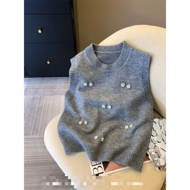 Knitwear Women Clothing Chic Sweaters Vest O-neck Sleeveless Jumper Heavy Beading Tanks Solid Color Vintage Knitted Tops Female