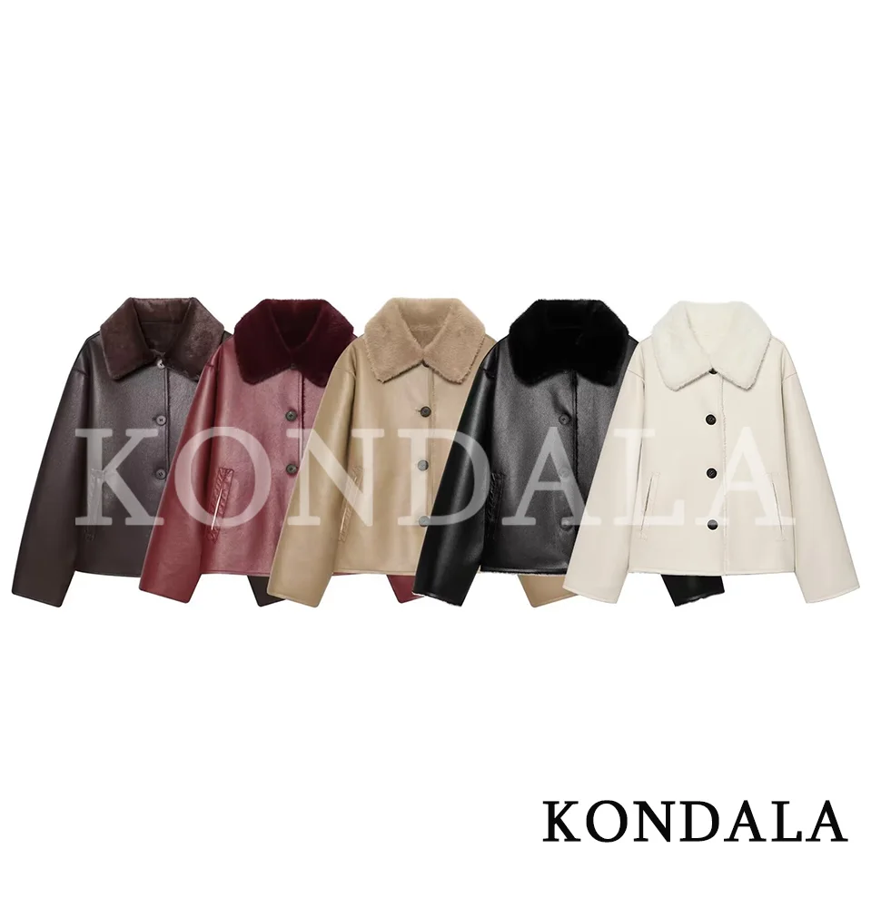 KONDALA Women Vintage Chic Faux Fur&Leather Jacket Elegant Double-Sided Reversible Jacket 2026 Fall Winter Commute Casual Coat