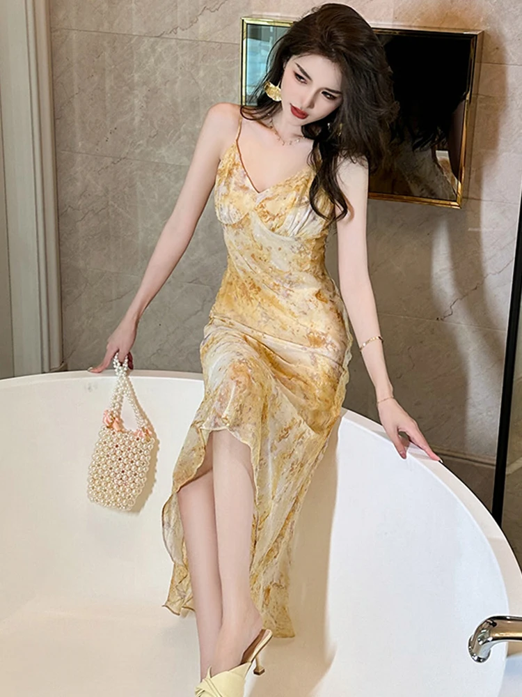 Celebrity Sweet 2-Pice Dress Set Women Yellow Chiffon Ruffles Bandage Jacket Tops Strap Maxi Robe Holiday Vacation Boho Outfits