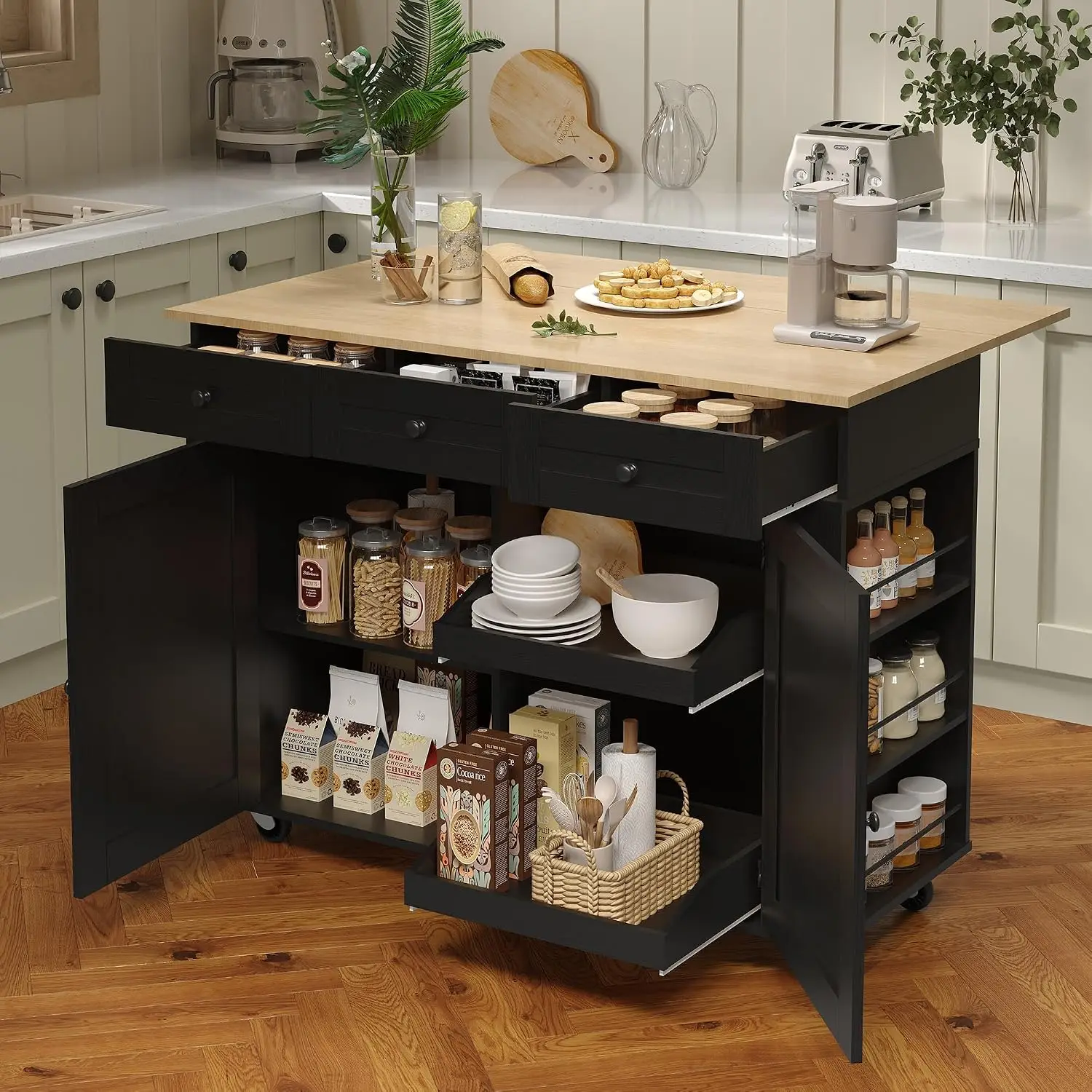 Kitchen Island Cart with Power Outlet, Drop Leaf, 3 Drawers, Spice Rack & Towel Rack, Mobile Storage On Wheels, Customized