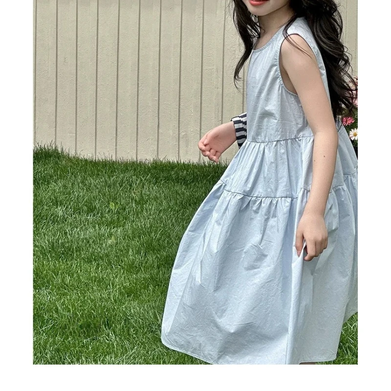 

New Summer Girls Princess Dress Elegant Puffy Sleeveless Lace Bowknot Party Gown for Kids Casual Breathable