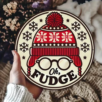 "Oh Fudge" Christmas Story Round Metal Sign, Funny Winter Holiday DecorRetro "Oh Fudge"…