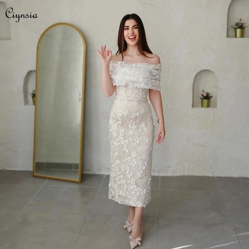 

Ciynsia Ivory Off Shoulder Evening Dresses for Women Luxury Lace Beaded Tea Length Formal Party Gowns Sheath Vestidos De Gala