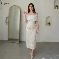 Ciynsia Ivory Off Shoulder Evening Dresses for Women Luxury Lace Beaded Tea Length Formal Party Gowns Sheath Vestidos De Gala