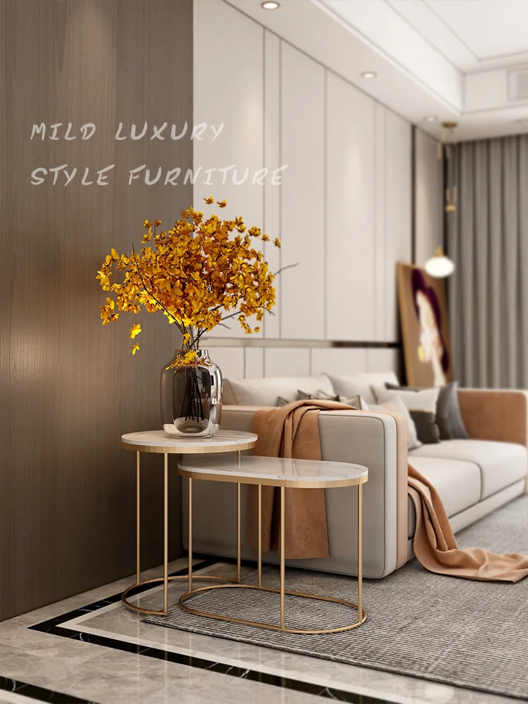 

Italian living room sofa round side cabinet small coffee table side table rock slab retractable light luxu