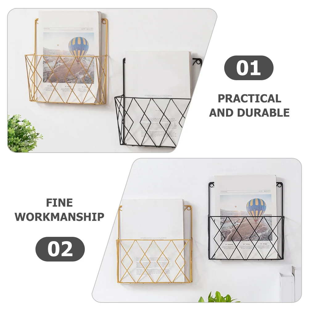 2 قطعة رف تخزين الكتب المثبت على الحائط منظم الملفات المعدنية المنسوجة للمنزل والمكتب وحامل المجلات وتصميم شبكي لتخزين المستندات #6
