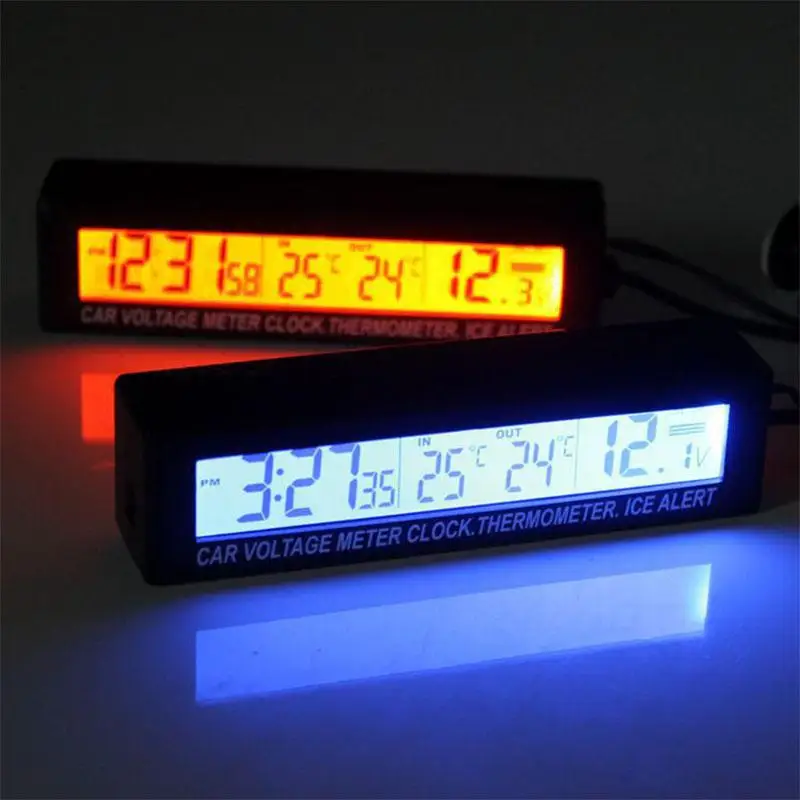 EC88 Car Thermometer + Clock + Voltmeter Electronic Clock Double Color Luminous Tool Dropshipping