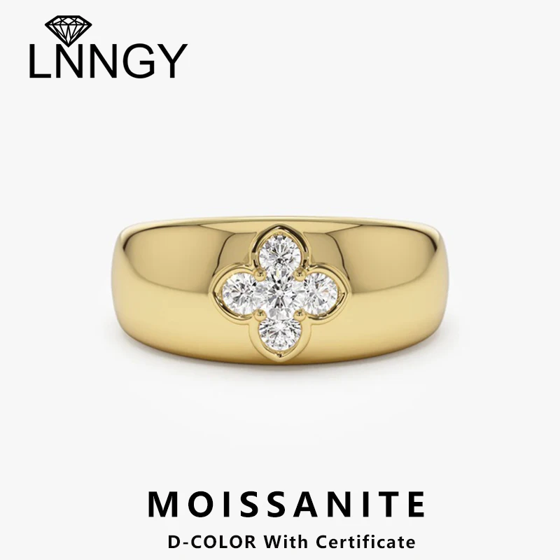 

Lnngy 14-каратное золото с муассанитом, массивное кольцо Bague Argent, стерлинговое серебро 925 пробы, кольца с цветком клевера для женщин, вечерние ювелирные изделия, подарок