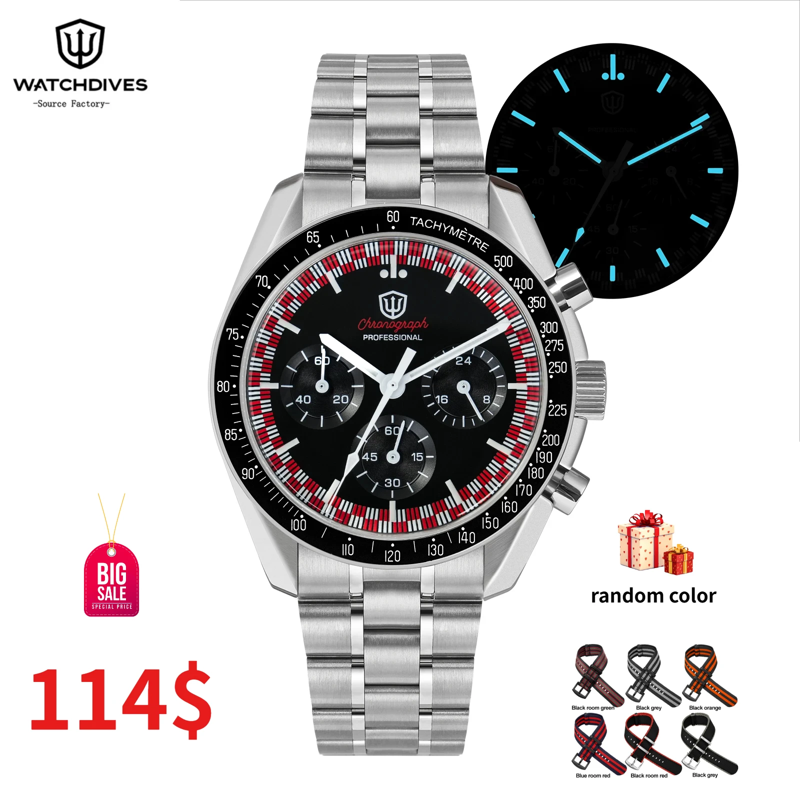 

Watchdives WD1863 Кварцевые часы VK63 Хронограф Механизм Пузырь Сапфировое стекло 10 бар Водонепроницаемые светящиеся винтажные часы 39 мм