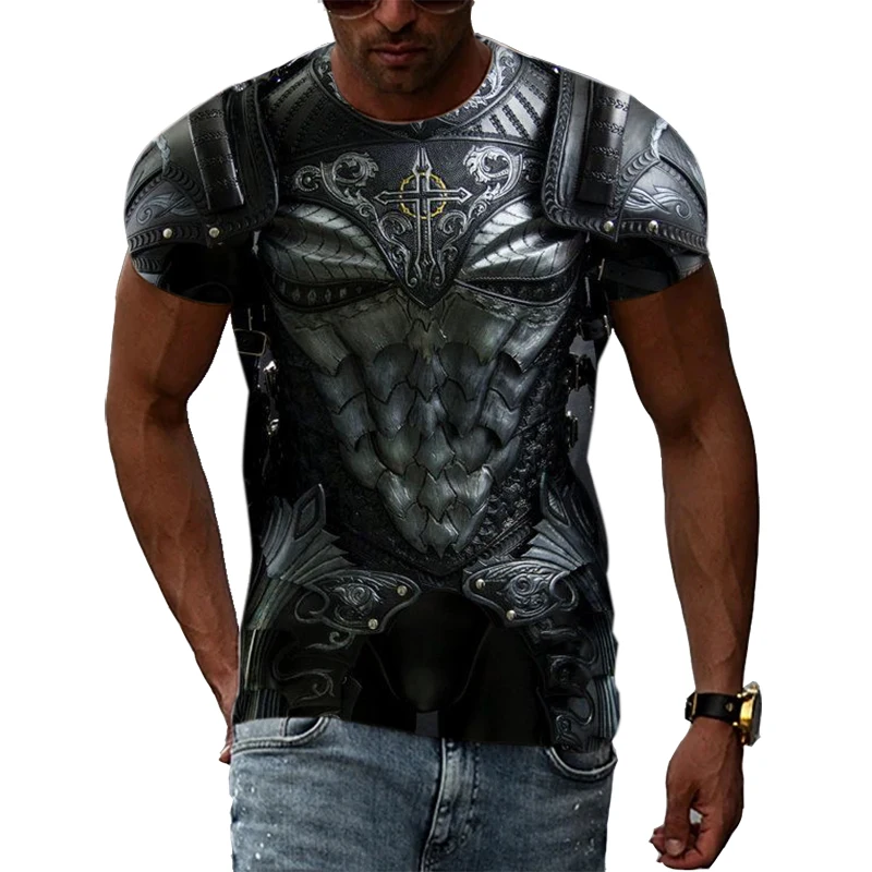 European Medieval Samurai Armor 3D HD Simulation Harajuku Printed Macho Must-Have Hip-Hop Original Round Neck Short-Sleeved Tees