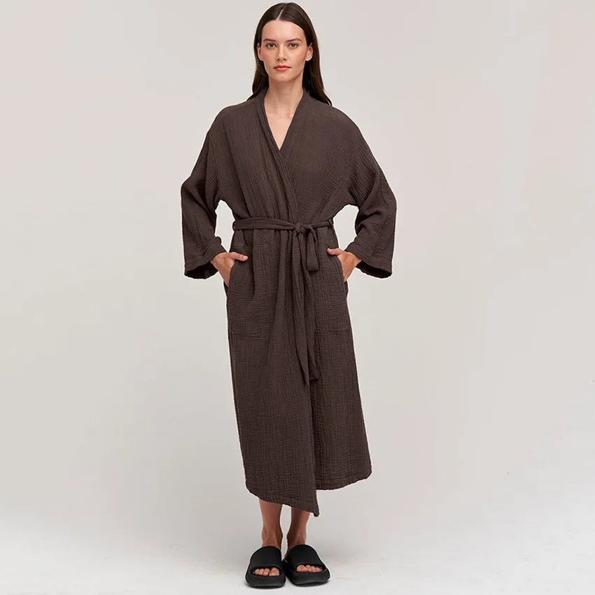 Cotton Bathrobe Female Loose Long Sleeve V Neck Sleepwear Solid Casual Robes For Women Home Dresses Autumn Clothes Sashes