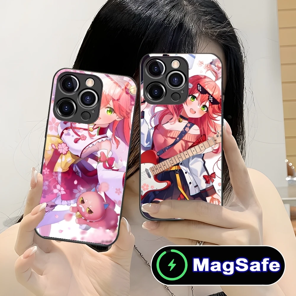 Holo Anime Sakura Miko Mobile Phone Case for iPhone 16 15 14 13 12 11 Pro Max Plus Mini MagSafe Wireless Charging Glass Cover