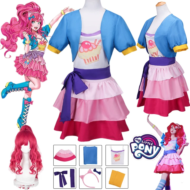 

Костюм для косплея Pinkie Pie, аниме, униформа Little Ponyy, парик, мини-юбки, полный комплект, наряд, вечерние платья на Хэллоуин, женские наряды