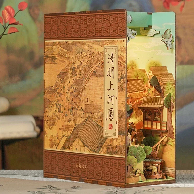 DIY Wooden Book Nook Shelf Insert Kit, Chinese Ancient Town Bookends Miniature Building Kits Bookshelf Doll Houses Friends Gifts