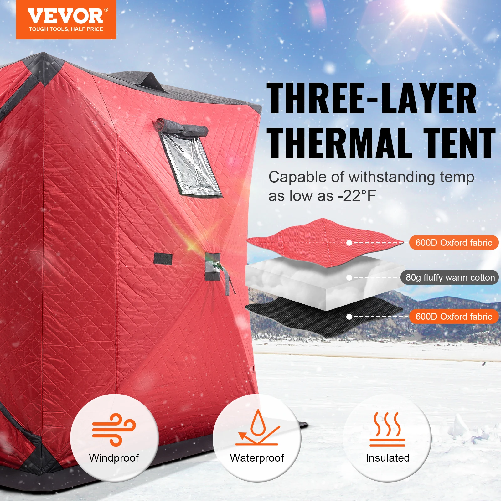 VEVOR Portable Ice Shelter 3-4 Person Insulated Pop-Up Ice Fishing Tent 35 Square Feet Thermal Ice Shanty for Winter Fishing