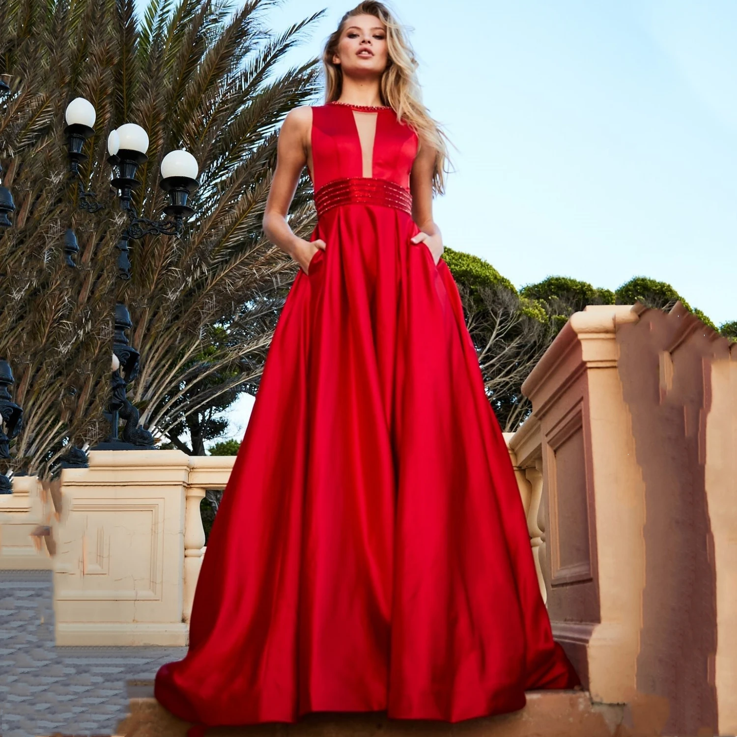 Lucy Satin Long Dresses for Wedding Party Dresses Woman Sleeveless Elegant Evening Dress for Women 2023 Line A Red Ball Gown