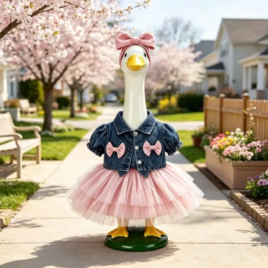 Sweet Girly Denim Jacket Pink Tulle Tutu Outfit Set for 23-Inch Porch Goose Statue, Bow Decor Headband, Cute Princess Clothes, C