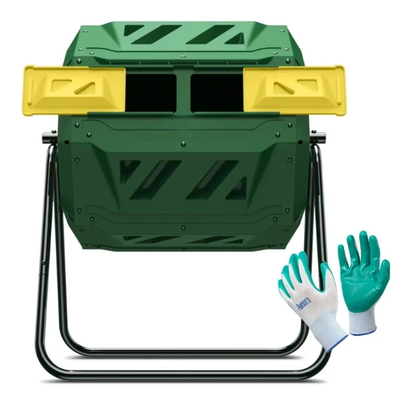 Compost Tumbler Bin Composter Dual Chamber 43 Gallon (Bundled with Gardening Gloves)