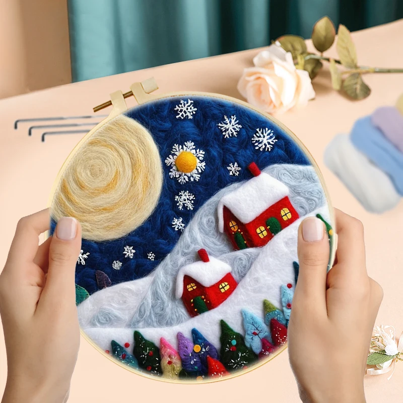 GATYZTORY DIY Wool Felting Painting Kit With Frame Snowman Handmade Needle Wool Painting Christmas House For Home Decors Crafts