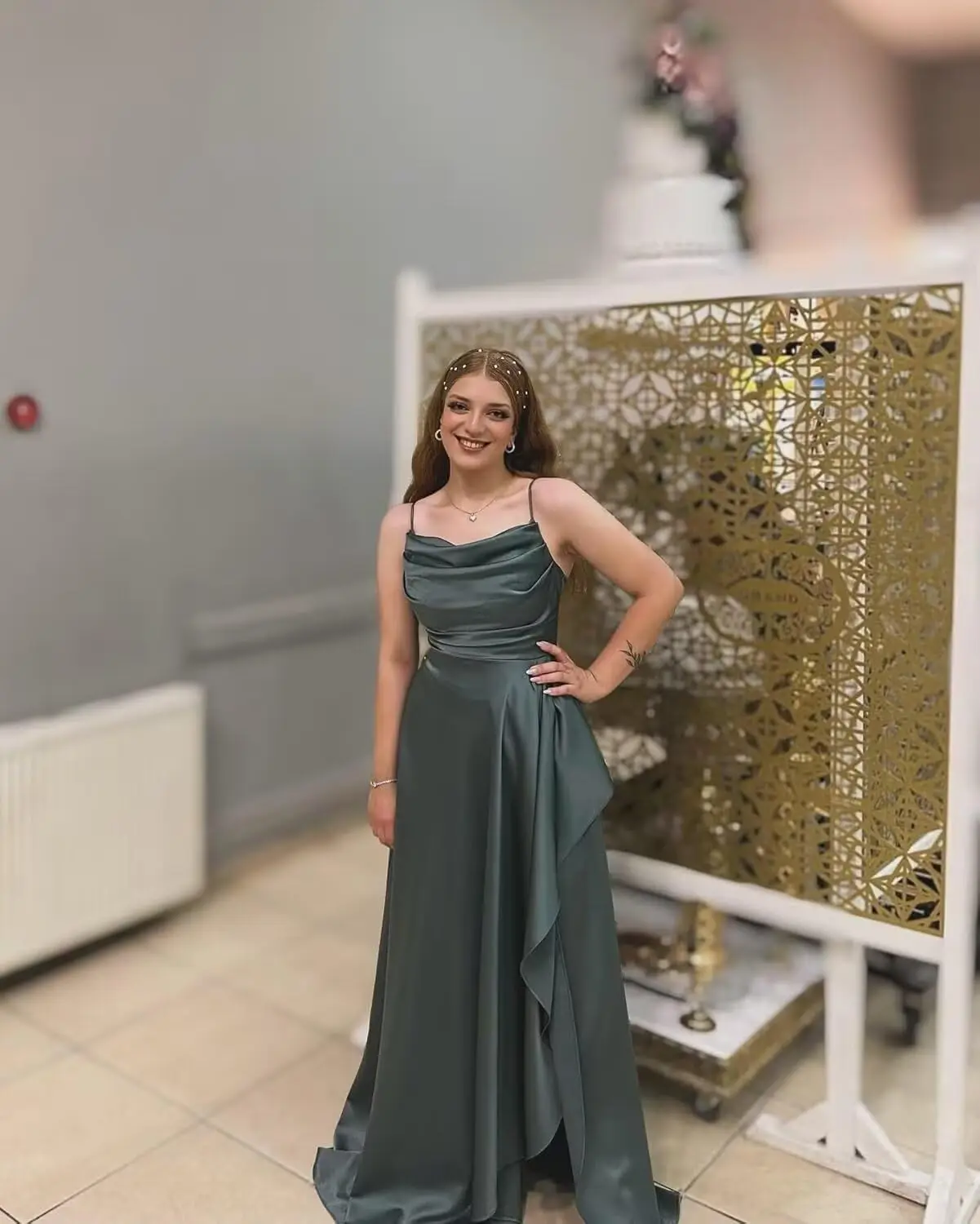 فستان وصيفة العروس بأشرطة سباغيتي طويل مع شق الكشكشة فستان الحفلة الراقصة مطوي الساتان فساتين رسمية فستان رسمي أنيق للنساء #5