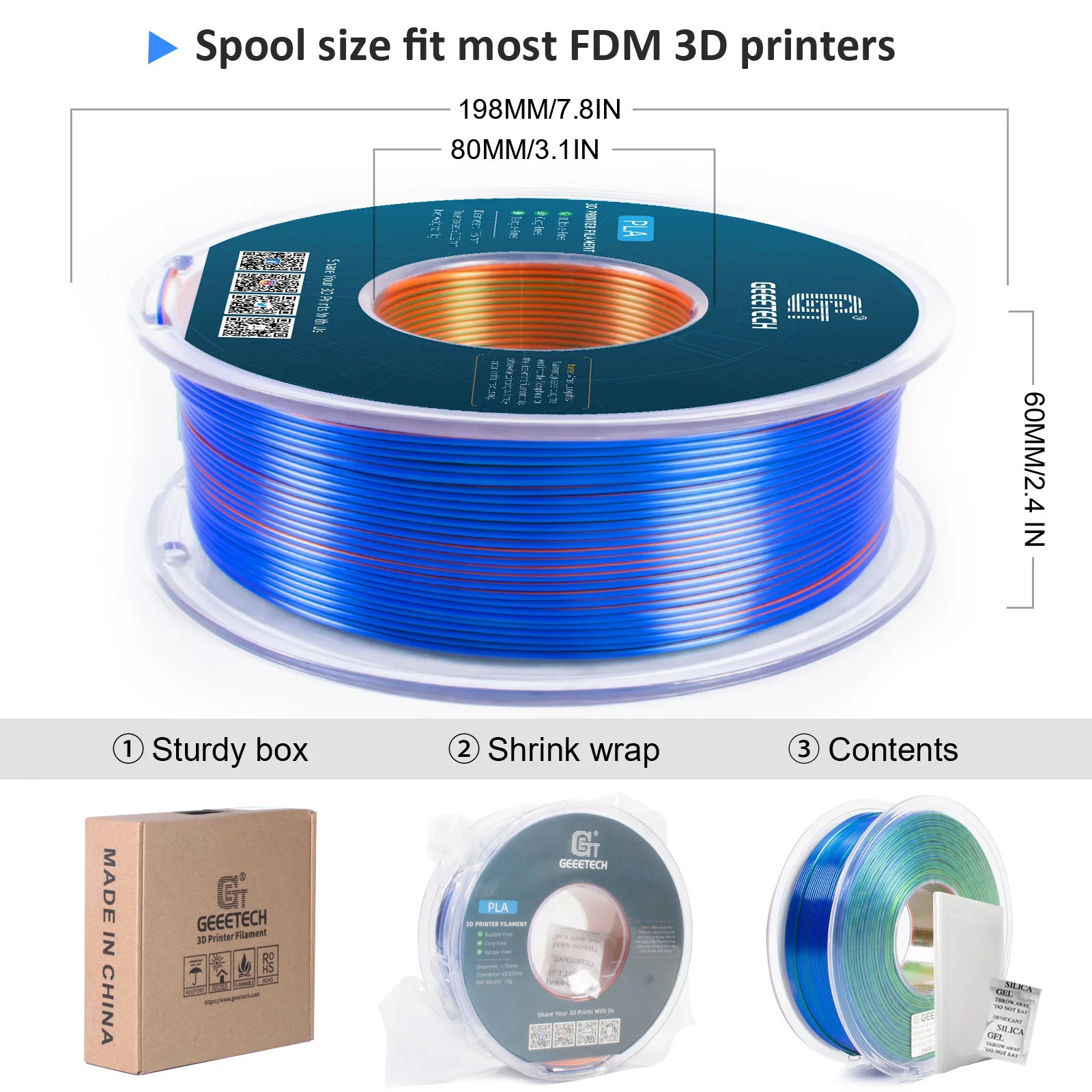 Filamento PLA de seda tricolore Geeetech, filamento 3D 1,75 mm 1 kg de cable de carrete (+/-0,03 mm) Envasado al vacío, color especial