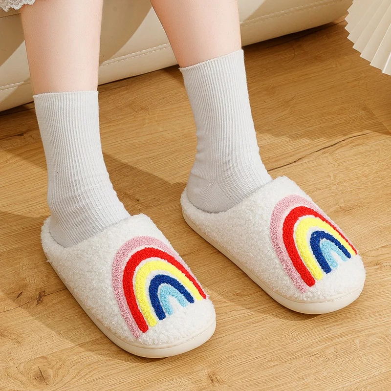 Rainbow Women's Slippers Home Colorful Sunshine Embroidery Fuzzy Indoor Winter Warm Soft Lovely Girls Comfort Plush Houseshoes