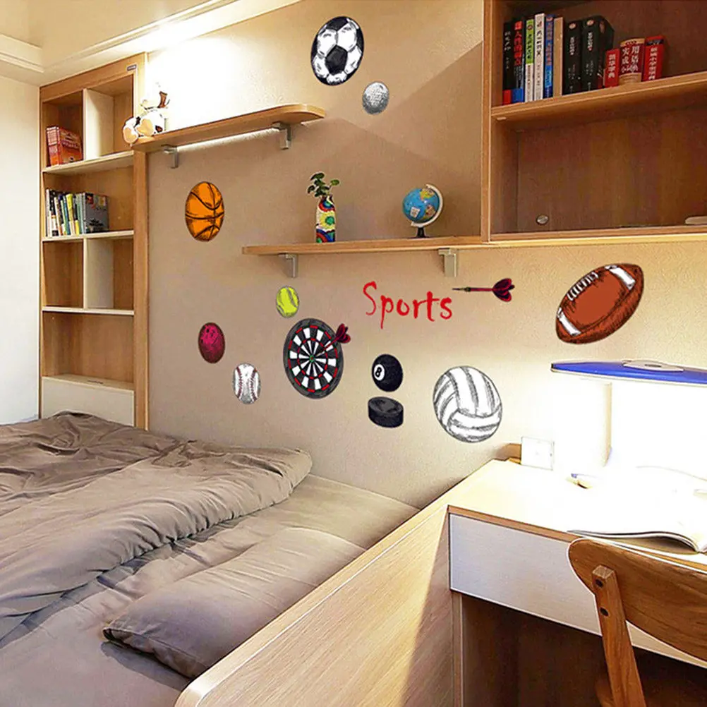 2Sheets 50x70cm Sports Theme Removable Wall Stickers for Kids Room Bedroom Living Room Bathroom Decor Basketball Rugby Football